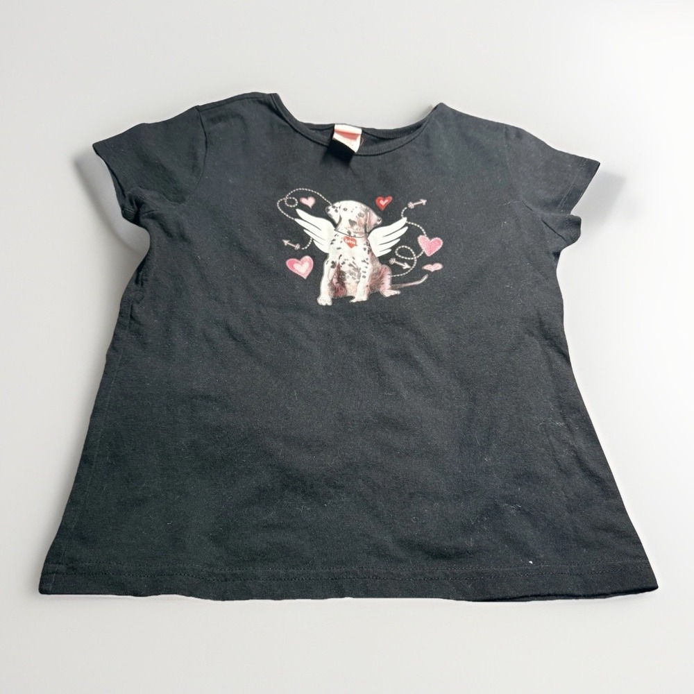 My Funny Valentine Girls Black Graphic Tee M 7/8 Dalmatian Puppy Dog Hearts GUC